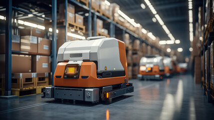 Automation robot work delivery cardboard boxes in distribution logistics center.