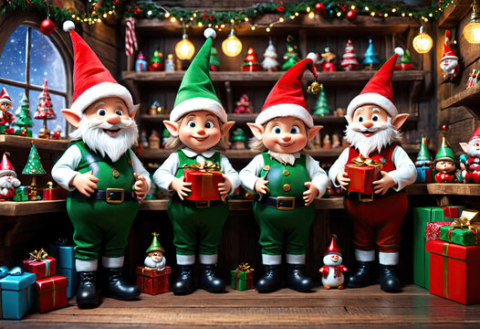 Christmas Elves in Santa Modern Toy Workshop. Generative AI