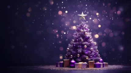 Foto op Plexiglas beautiful Christmas tree with Christmas lights, glass mosaic, shiny and glittery, dark purple background, copy space © JetHuynh