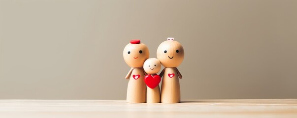 Happy family with one child and heart emotion on wooden background. Wood doll character. Togetherness relationship and lifestyle concept, Generative AI