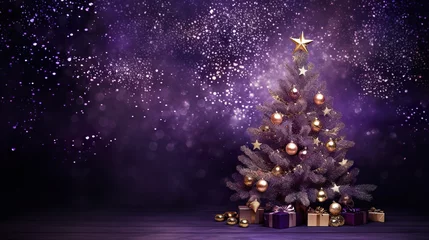 Fotobehang beautiful Christmas tree with Christmas lights, glass mosaic, shiny and glittery, dark purple background, copy space © JetHuynh