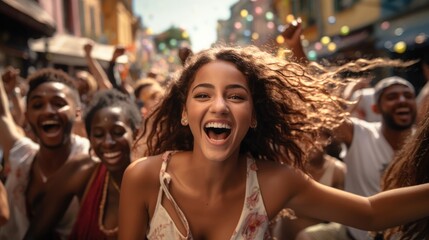 Fototapeta premium A crowd people walking down the street, celebrating in the style of joyful and optimistic.
