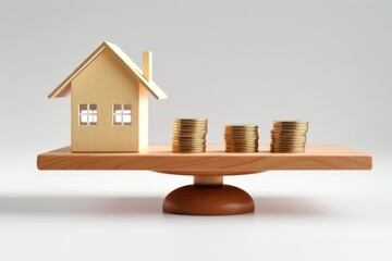 Wooden house and golden coin on balancing scale on white background. Real estate business mortgage investment and financial loan concept. Money-saving, Generative AI