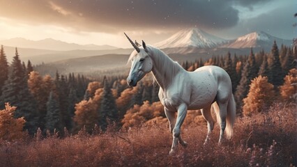Obraz na płótnie Canvas Unicorn in a forest with mountain background 