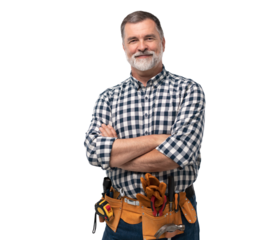 portrait of mature happy handyman isolated on transparent background