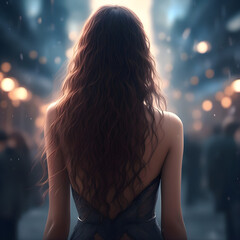 A beautiful woman with long hair showing her back