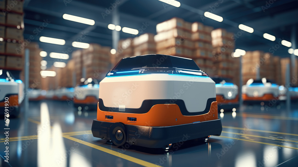 Poster automated retail warehouse agv robots with infographics delivering cardboard boxes in distribution l