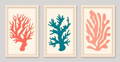 Abstract coral posters. Contemporary organic shapes and scribbles Matisse style, colorful corals. Graphic  illustration, Generative AI