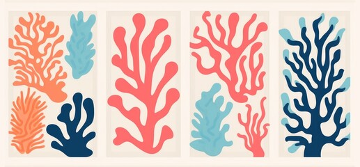 Fototapeta na wymiar Abstract coral posters. Contemporary organic shapes and scribbles Matisse style, colorful corals. Graphic illustration, Generative AI