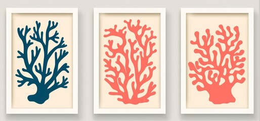Abstract coral posters. Contemporary organic shapes and scribbles Matisse style, colorful corals. Graphic  illustration, Generative AI