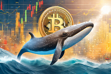 A large whale comes out of the water in the background investment charts and Bitcoin symbol. - obrazy, fototapety, plakaty
