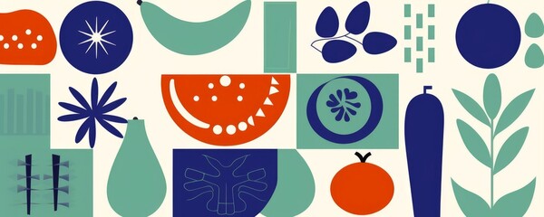 Fruit vegetable geometric pattern. Organic natural food background creative simple bauhaus style, agriculture  design, Generative AI - obrazy, fototapety, plakaty