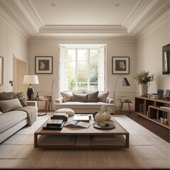 Fototapeta premium a modern classic living room with low ceilings and small windows for natural light with good artifical lighting, a walnut coffee table and carpet flooring