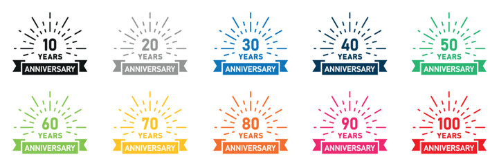 Set of anniversary logotypes. Birthday label with 10, 20, 30, 40, 50, 60, 70, 80, 90, 100 year and ribbon. Anniversary icons numbers. Vector.