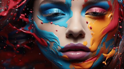 Close up portrait of Beauty woman with extreme colorful makeup.