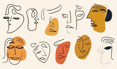 Continuous one line faces set. Contemporary abstract shapes with doodle hand drawn people face picasso matisse style.  art, Generative AI - obrazy, fototapety, plakaty