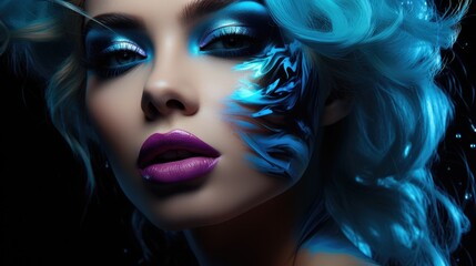 Obraz premium Woman with neon blue makeup, Dark background.