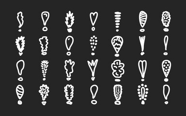 Doodle exclamation mark set. Scribble chalkboard hand drawn exclamation icons. Sketch vector danger information signs