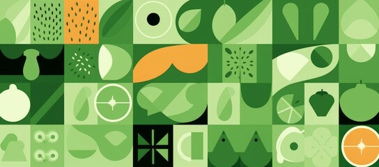 Food geometric mosaic background. Natural green organic fruit vegetable pattern bauhaus style.  illustration, Generative AI