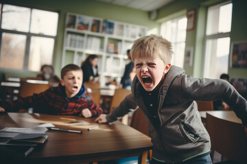 Two elementary school boys fight in a classroom. kids aggression and bullying concept. - Powered by Adobe