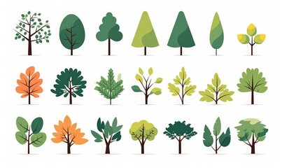Simple trees bushes. Cartoon forest plants with foliage, minimal shrub botanical garden nature elements.  flat set, Generative AI - obrazy, fototapety, plakaty