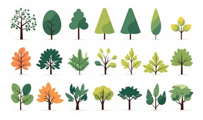 Fotobehang Simple trees bushes. Cartoon forest plants with foliage, minimal shrub botanical garden nature elements.  flat set, Generative AI © Focal Imaging
