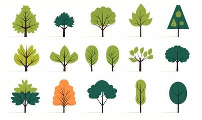 Simple trees bushes. Cartoon forest plants with foliage, minimal shrub botanical garden nature elements.  flat set, Generative AI