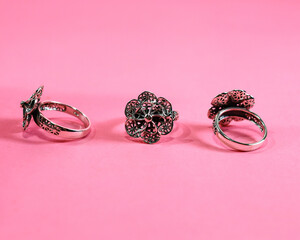 Hmong silver jewelry on black background, Handmade silver accessories