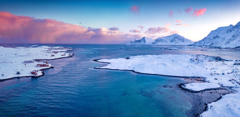Fantastic winter wiew from flying drone of Lofoten Islands. Stunning sunrise on Norway, Europe. ...