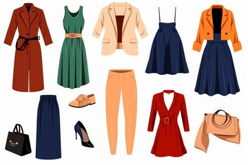 Female fashion cloth. Flat woman garment accessories fall spring season, stylish dress pants skirt shirt coat shoes.  cartoon set, Generative AI