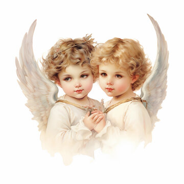 A pair, two little angels cherub children holding hands, isolated on a white background with wings, nostalgic illustration in classic art style