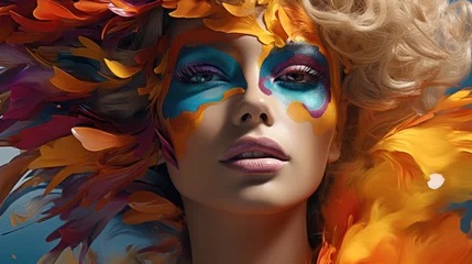 Portrait of attractive woman with Color explosion mask, Woman with extreme colorful makeup. © visoot