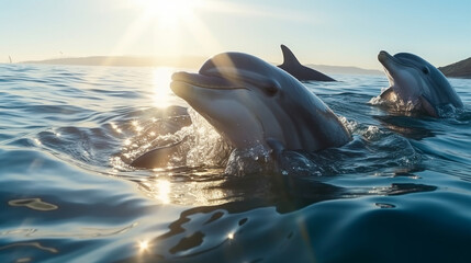 School of dolphin swimming in blue ocean. Marine and wildlife concept - obrazy, fototapety, plakaty