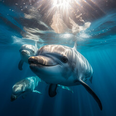 School of dolphin swimming in blue ocean. Marine and wildlife concept