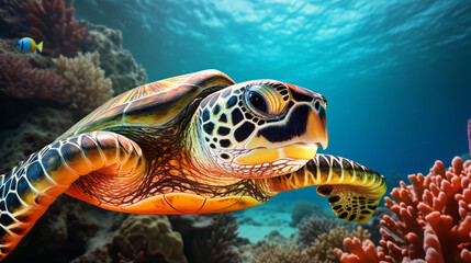 Obraz premium Marine turtle swimming on deep blue ocean. Marine turtle and wildlife concept.