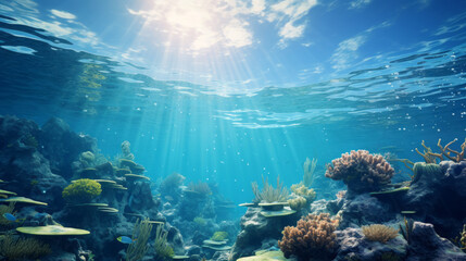 Fototapeta na wymiar Beautiful ocean view with sunbeam. Nature and Ocean beauty concept.