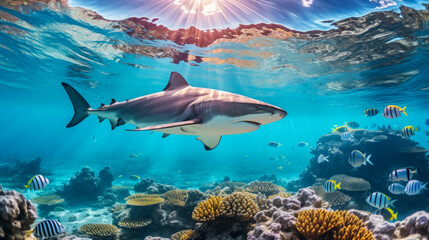 Fototapeta na wymiar Shark swimming on deep ocean. Wildlife concept.