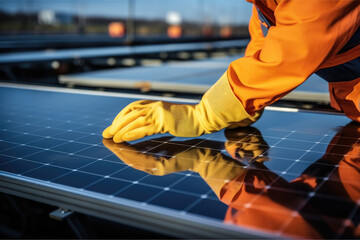 Close up of the hands of a male worker hands in gloves on solar panel, Technician installing solar panels. - obrazy, fototapety, plakaty