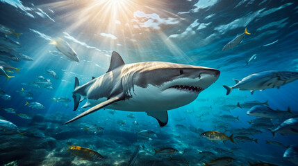 Shark swimming on deep ocean. Wildlife concept.