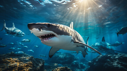 Fototapeta premium Shark swimming on deep ocean. Wildlife concept.