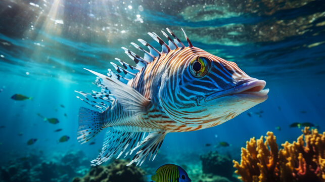 Close up of tigerfish on blue ocean