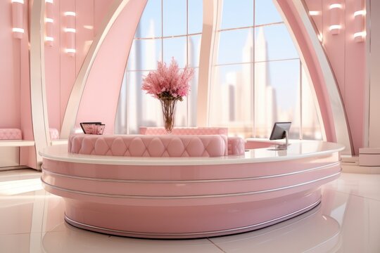 Exquisite and luxurious light pink and silver VIP customer service counter, Frontal view.