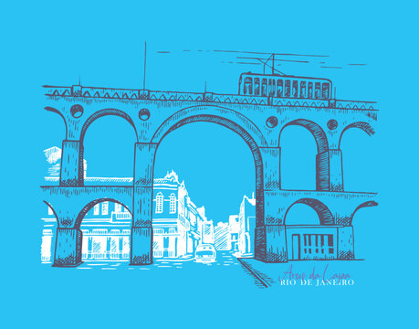 Handmade vector illustration representing the Arcos da Lapa, located in the neighborhood of Santa Teresa, Rio de Janeiro, Brazil, in modern times.