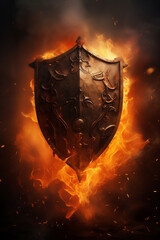 Fantasy flaming Gothic intricate shield - fire and smoke - black background 