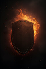 Holly shield of protection - Flaming fantasy steel shield - Medieval isolated back lit knight shield