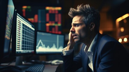 Desperate businessman in front of monitors losing money in the stock market, Recession, Inflation. - obrazy, fototapety, plakaty