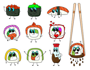 A set of cartoon sushi. Sushi emoji. Funny food