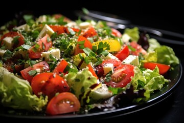 Healthy delicious vegetable salad on dark background.