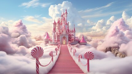 Fabulous pink castle with candy track, flowers and cotton clouds - obrazy, fototapety, plakaty