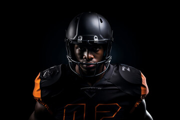 Studio portrait of professional American football player in black uniform. Determined, powerful, skilled African American athlete wearing helmet with protective mask. Isolated in black background.